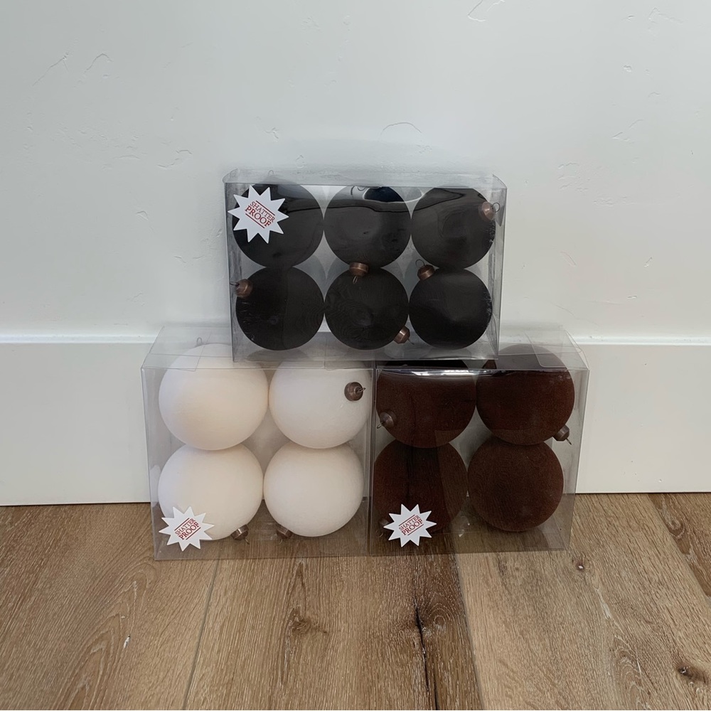 Set of 14 NEW Hobby Lobby Flocked Ball Ornaments—Black, Dark Brown, & Ivory